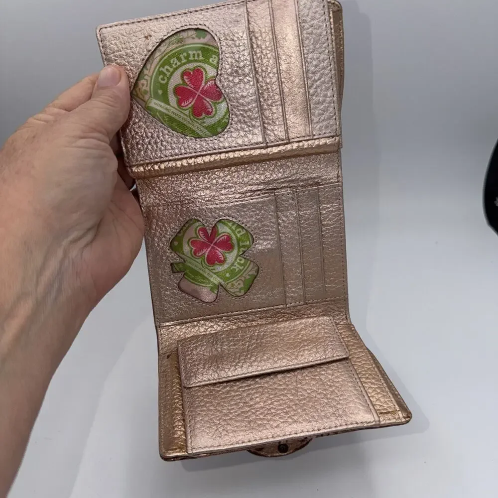 Charm And Luck Folded Wallet Billfold Studded Rose Tone Leather Copper Western